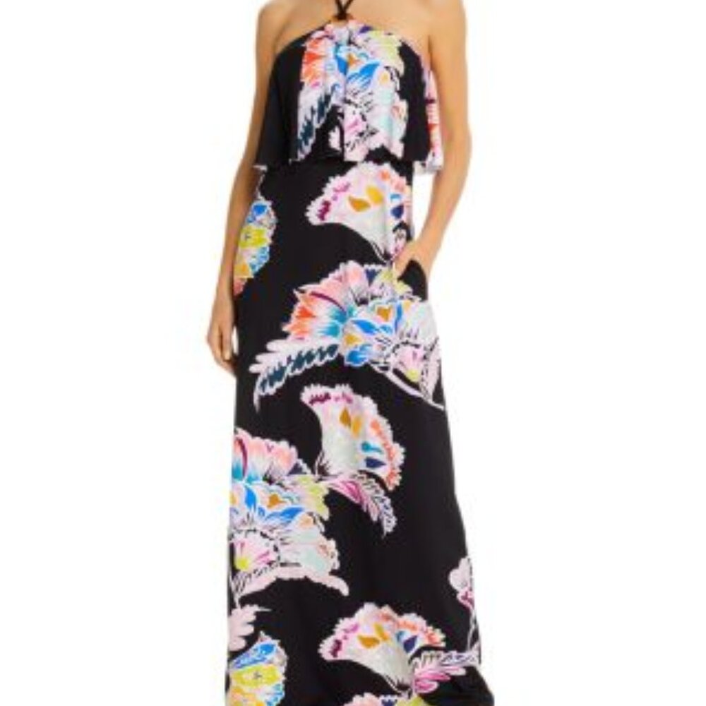 Trina Turk Seychelles Floral Maxi Halter Dress Swim CoverUp Resortwear Size S